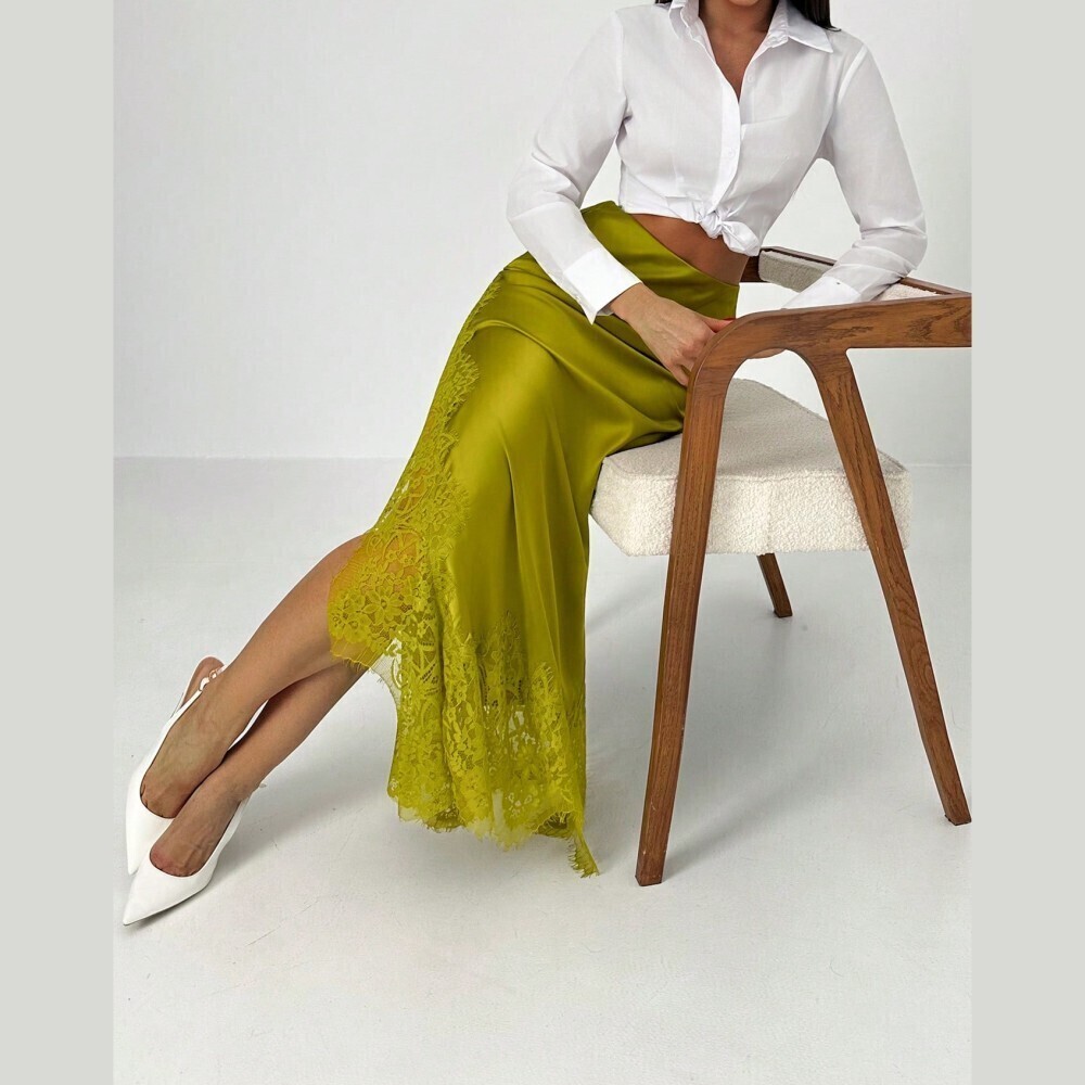 Chartreuse Satin Maxi Skirt with Lace Applique Hem - Picture 8 of 8